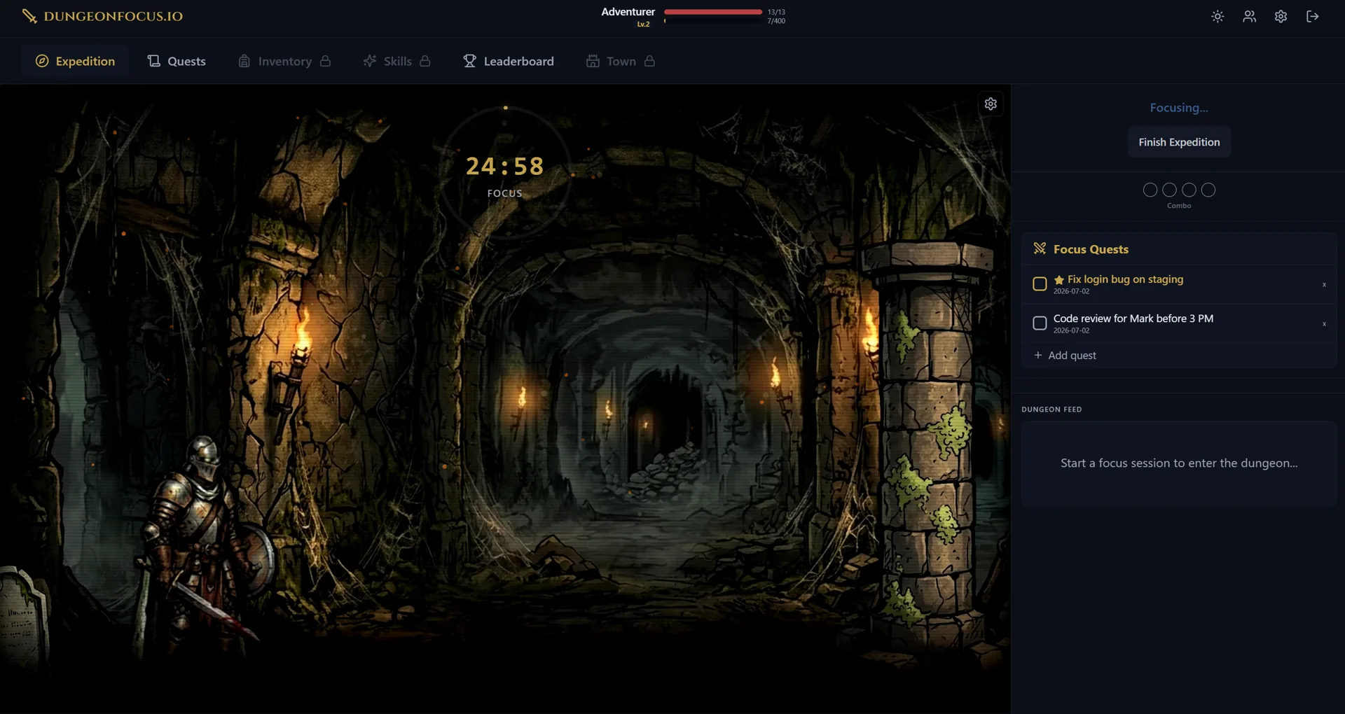 DungeonFocus interface: a focus session in progress with the character in a dungeon, focus quest panel and live dungeon feed on the side.