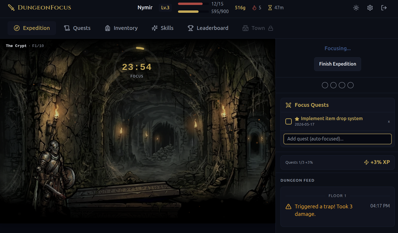 DungeonFocus interface: a focus session in progress with the character in a dungeon, focus quest panel and live dungeon feed on the side.